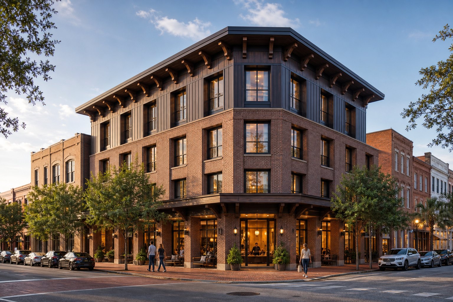 Architectural concept rendering of a proposed four-storey brick and timber boutique hotel on an urban corner, with a covered ground-floor arcade and lit lobby