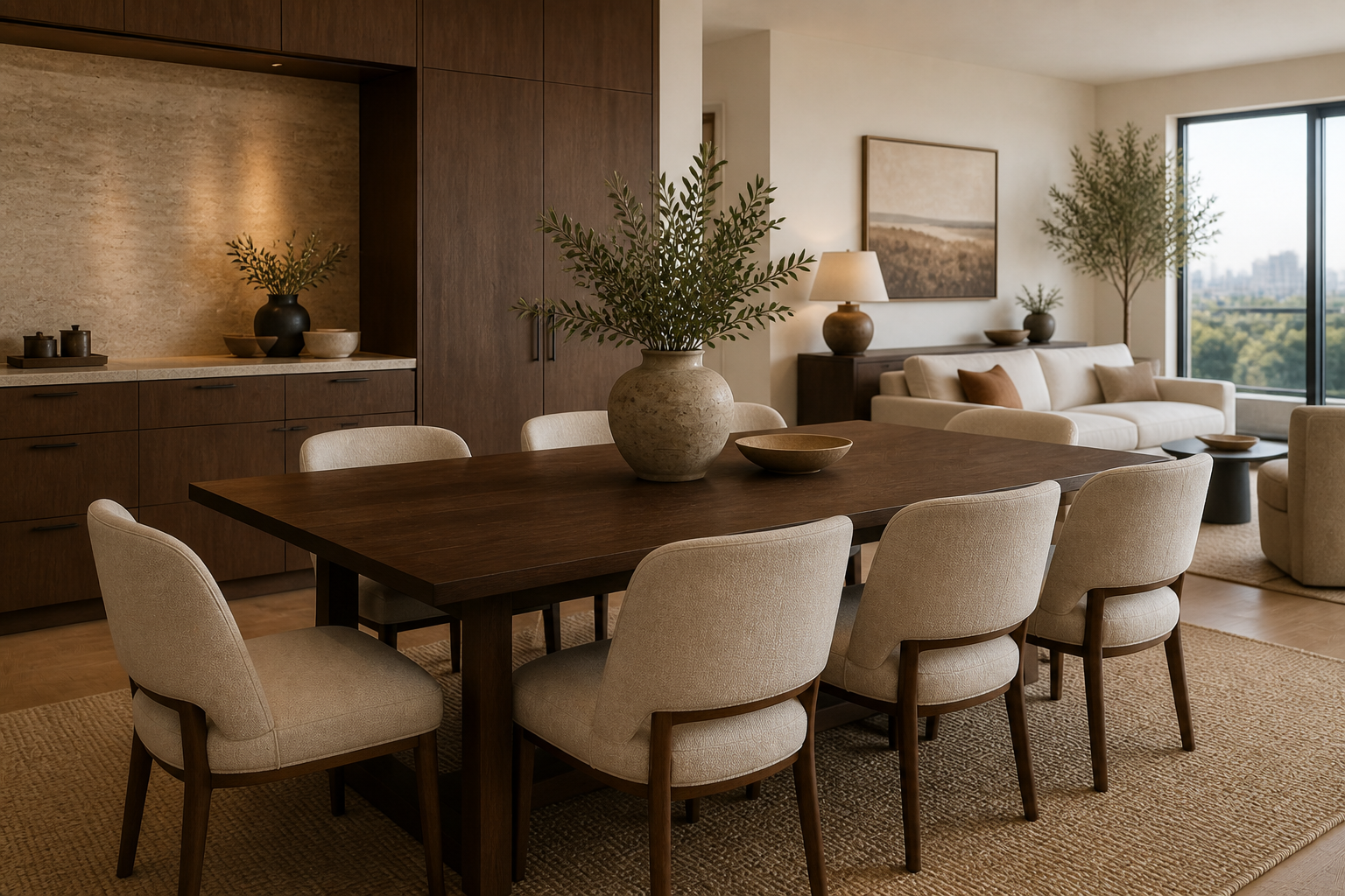 A design-led dining room furnished through the Savvy Staged system